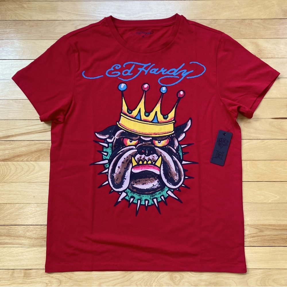 New Ed Hardy Graphic T-Shirt Men’s Size Medium Bulldog With Crown Red NWT
